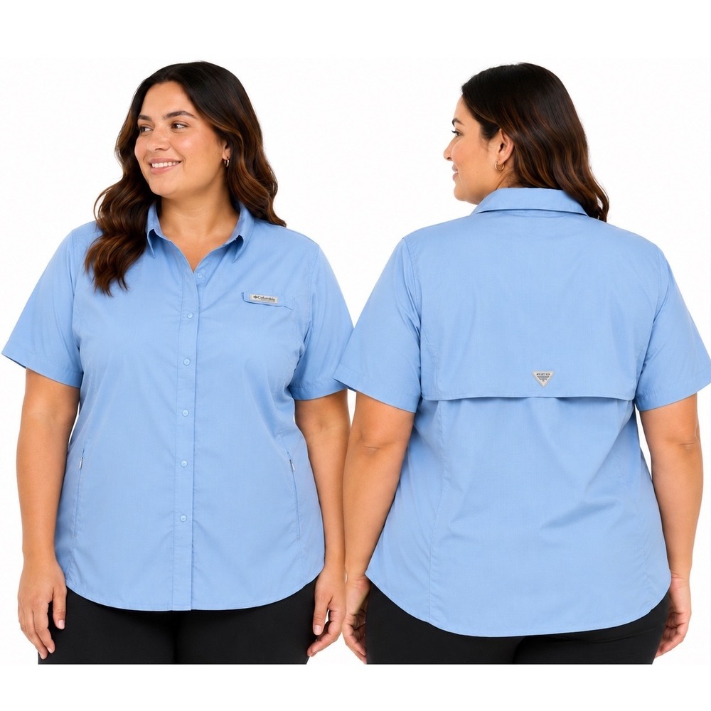 Columbia PFG Omni-Shade Fishing Shirt‎ Size L Blue Vented Snap Front Outdoor Top